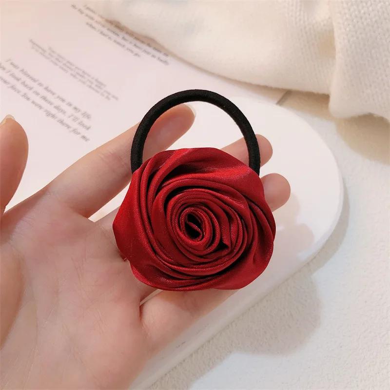 French Satin Rose Flower Scrunchies Hair Tie for Women Girls Korean Sweet Floral Ponytail Elastic Hair Band Head Rope Headdress