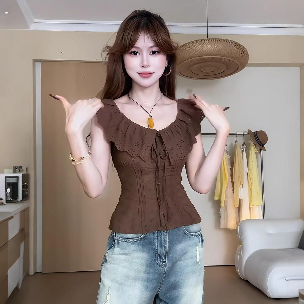 Summer French Small Puff Sleeve Tshirt With Lace Panel For Womens Casual Wear