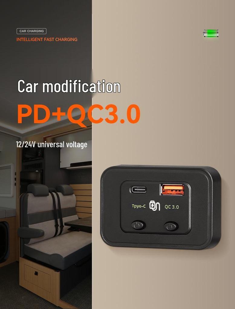 48W Dual Switch Fast Charge Car Charger with PD & QC for 12V/24V Vehicles