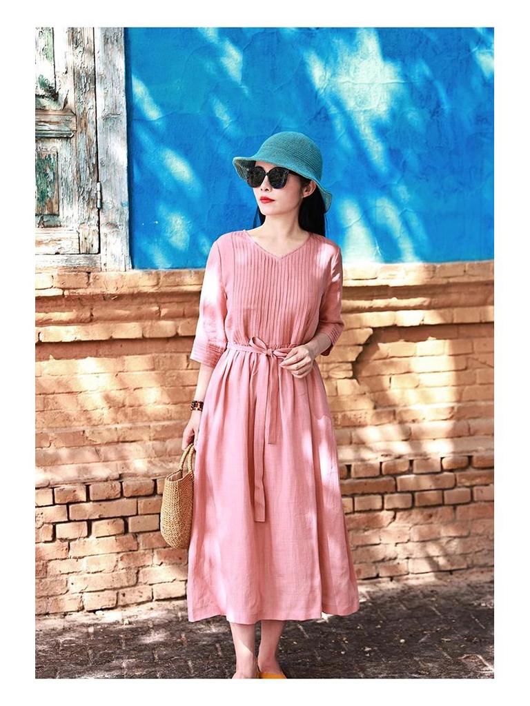 2026 Summer Cotton Linen V-Neck Artistic Long Dress for Women