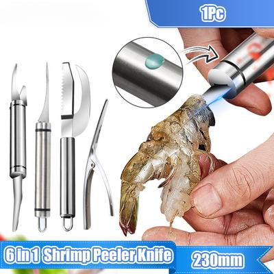 Couteau à éplucher les crevettes 6 en 1 en acier inoxydable 304 Couteau à éplucher les crevettes Outil multifonction pour éplucher les carapaces de homard Outil pour fruits de mer