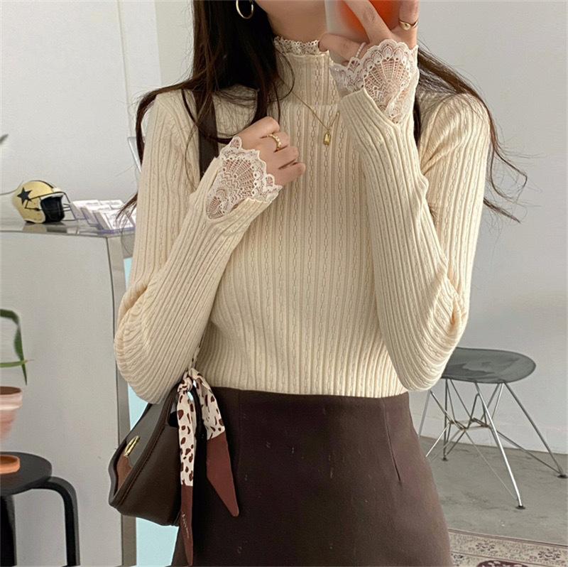 Semi-turtleneck lace bottoming shirt women's autumn and winter new knitted sweater with foreign style design slim top
