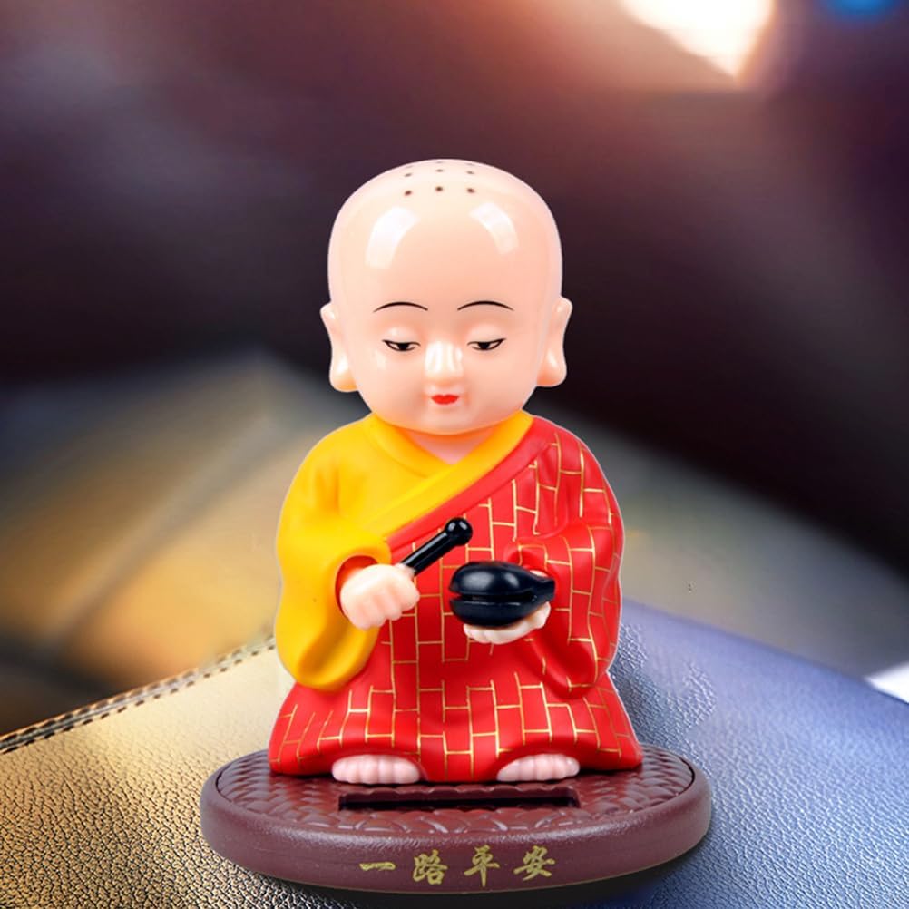 PRETYZOOM Little Monk Figurine, Solar-Powered Monk Ornament Car Dashboard Decoration, Plastic Monk Buddha Statue Bobble Head Toy for Home Office