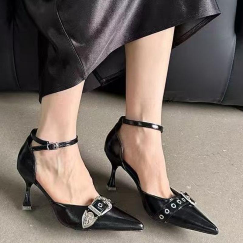 Stiletto Sandals Spring New Sharp Head Shallow Mouth Rivets Metal Buckle A Word Buckle Anti-slip Wear-resistant High Heels