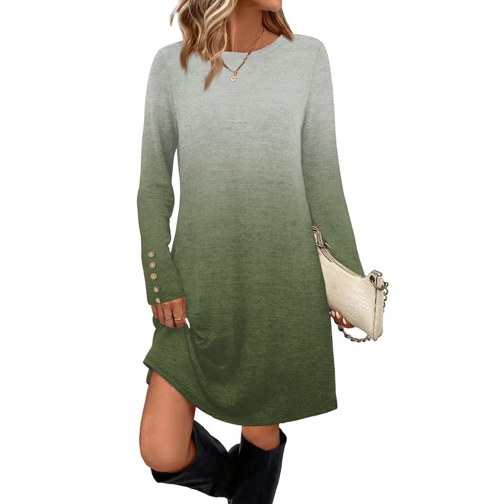 Damenmode Freizeitkleid mit Tasche, dekorativen Knöpfen, Rundhalsausschnitt und langen Ärmeln