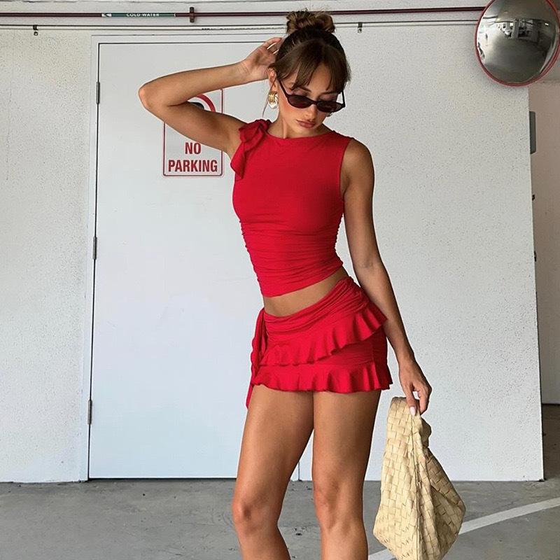 

European and American style new women s clothing fashion sleeveless round neck small vest open button slim fungus edge skirt set L червоний