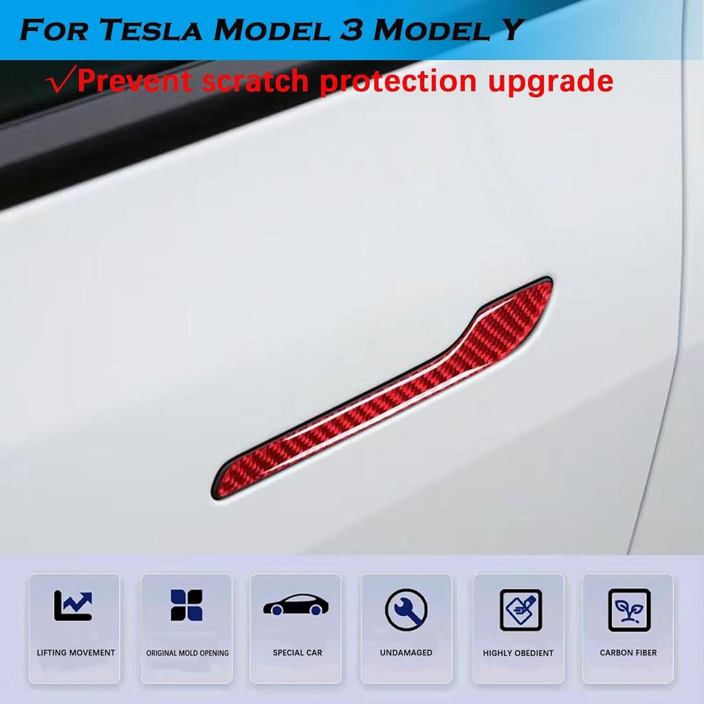 YHCDSEA Model 3 Y Carbon Fiber Door Handle Decorative Protection Cover 4 Pcs/Set Compatible Tesla Model 3 Y Accessories (Red Carbon Fiber)