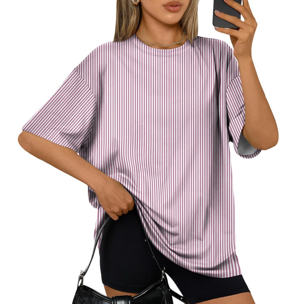 Women’s Casual Loose Fit Striped Short Sleeve Top Summer Oversized Pullover Crew Neck Lightweight Relaxed T Shirt Blouse