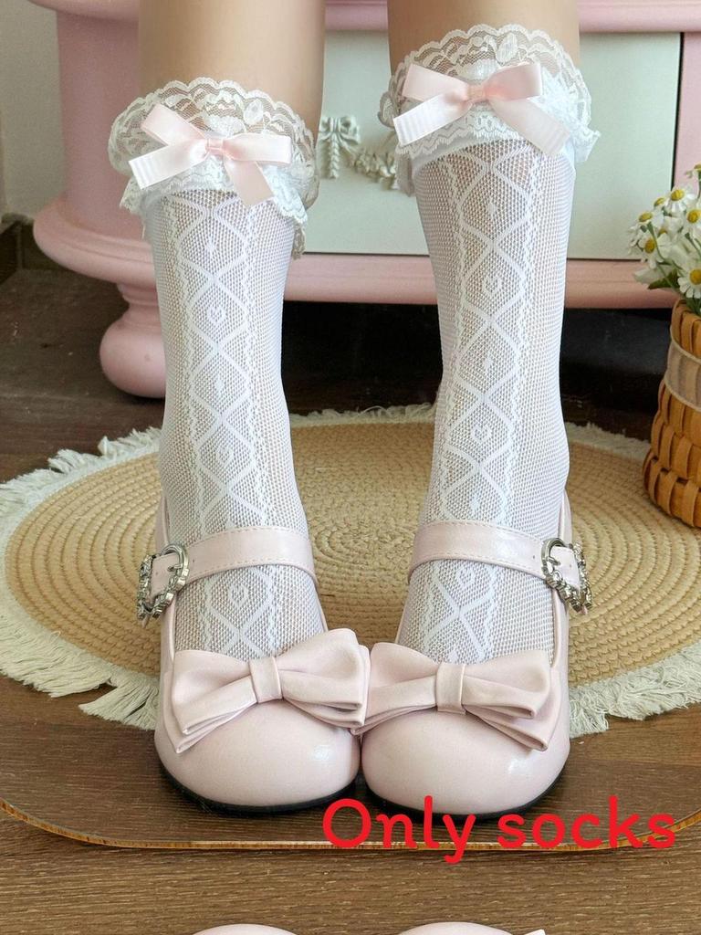 Lolita Lace Trim Mid Calf Socks With Bow For Girls Summer Fashion