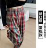 Spring Autumn Elastic Waist Vintage Plaid Printing Pants Women Loose Casual Fashion All-match Wide Leg Trousers