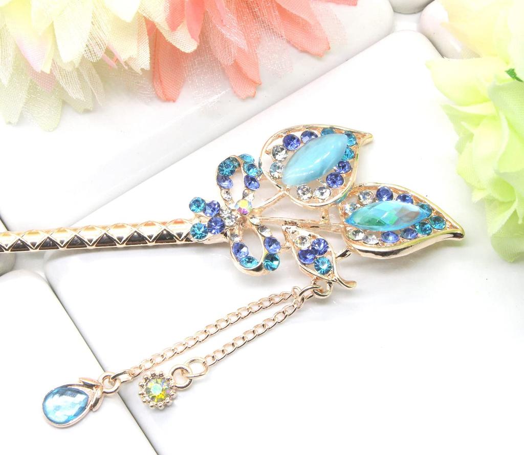 Miaomyao Single Hair Ornament for Kimono and Tulip Flower and Ribbon Pink Gold Hairpin, Tomesode, Metal, Pair, Couples, Motif, (Blue)