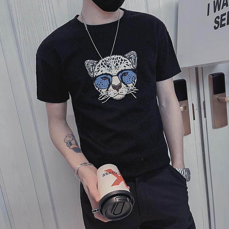 Design-sensory Embroidered Short-sleeved Men's Tiger Leopard Head Trendy Brand Half-sleeved T-shirt