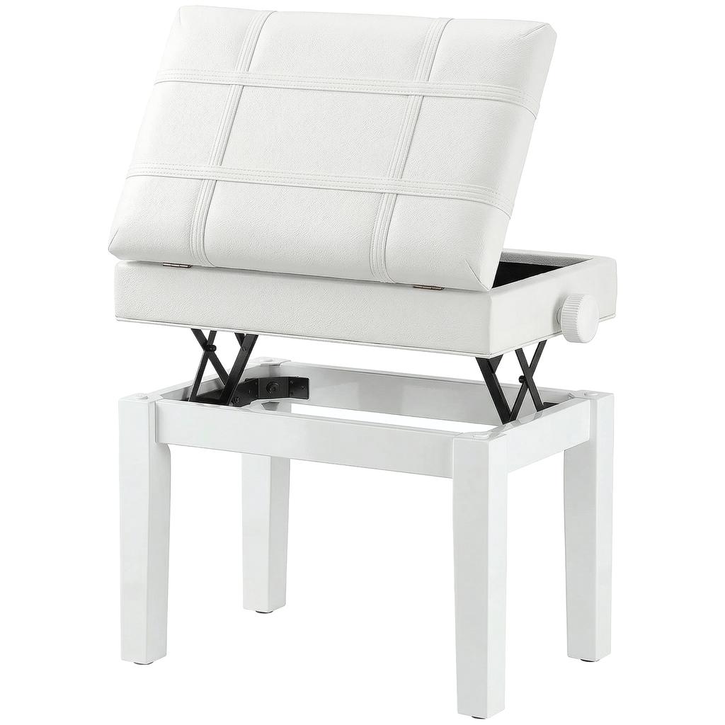 Piano Bench Stool, Storage, Adjustable Height, Hevea Wood, White