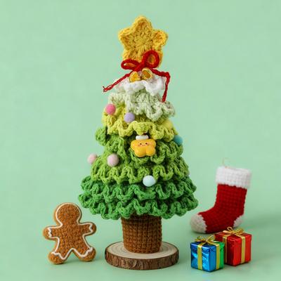 Yousheng Crochet Christmas Tree Small Handmade Multi-layered Knitting Xmas Tree with Woodgrain Base for Winter Tabletop Home Room Party Decor