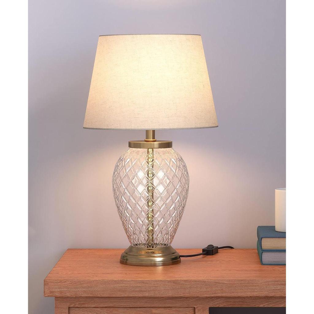 Diamond Cut Glass LED, Incandescant, CFL, Smart Bulbs Table Lamp Brass Antique Finish 19 Inches Height Off White 12 Inches Lamp Shade Pack Of 1