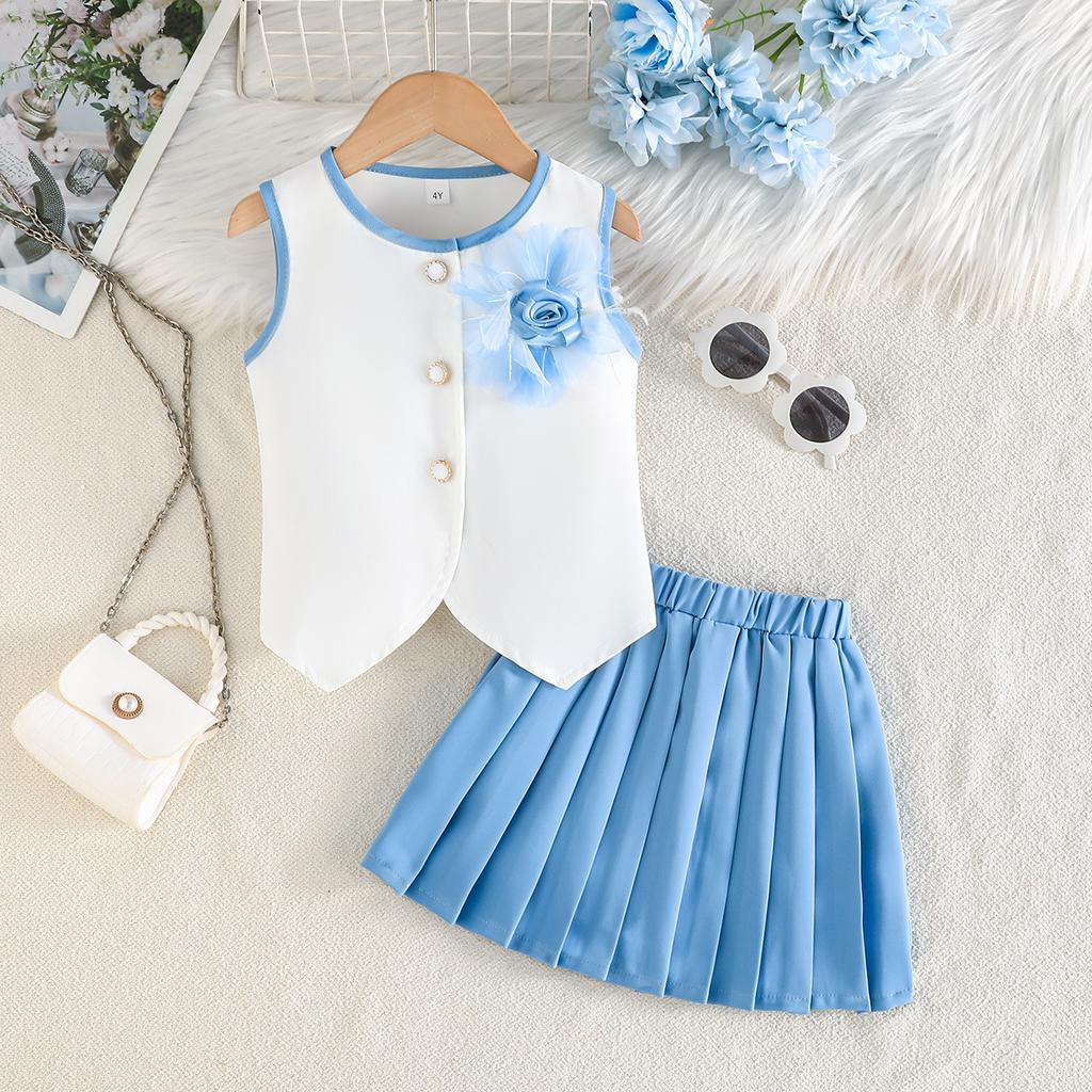2PCS Girls Floral Applique Sleeveless Vest & Pleated Skirt Set, Casual Summer Two-Piece Outfit
