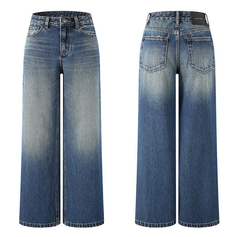 Womens High-Waisted Wide-Leg Denim Pants 2026 Washed Straight Cut Casual Trousers