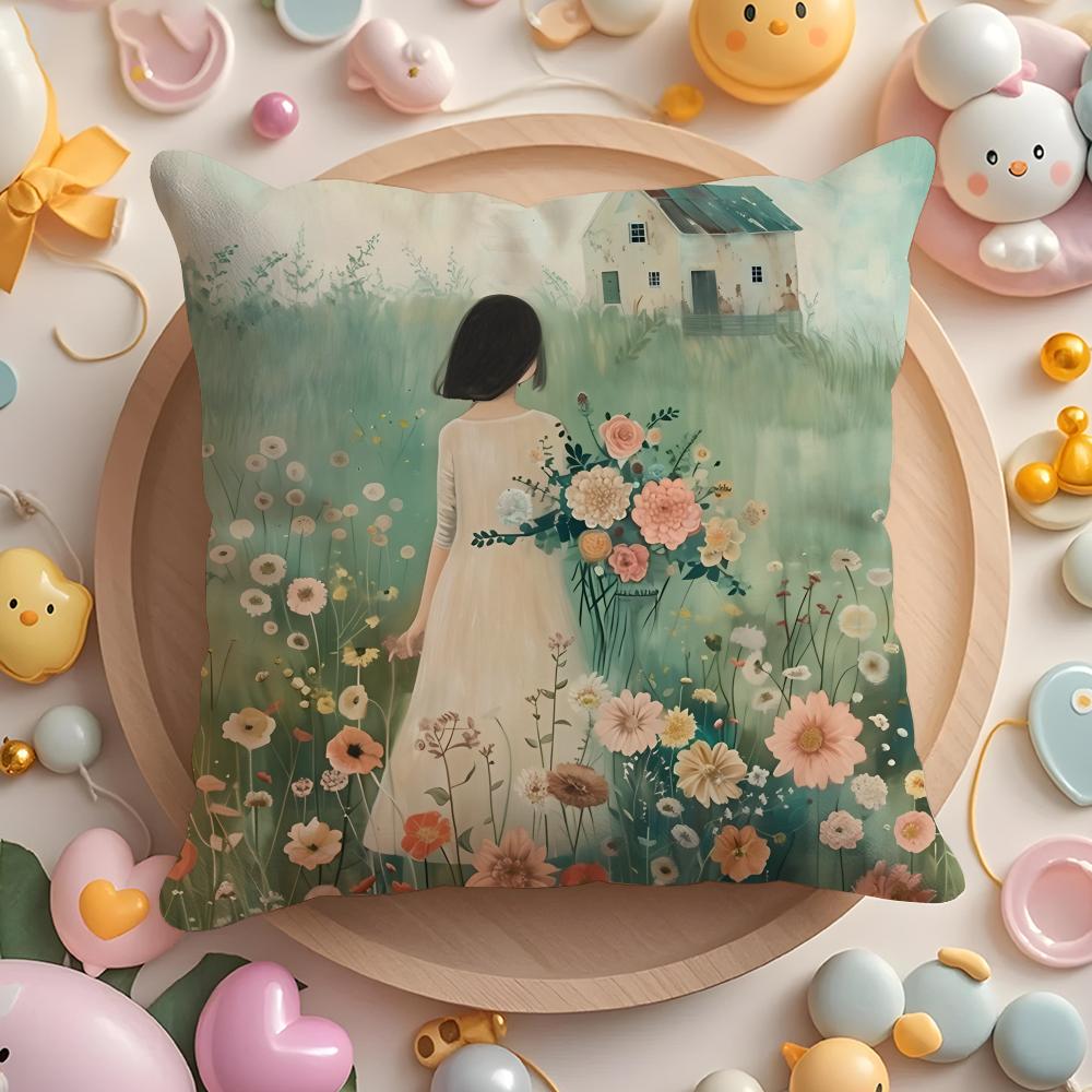 The girl is holding flowers Cushion Cover Short Plush DoubleSided Printing Home Machine Washable in Warm Winter Pillow Cover