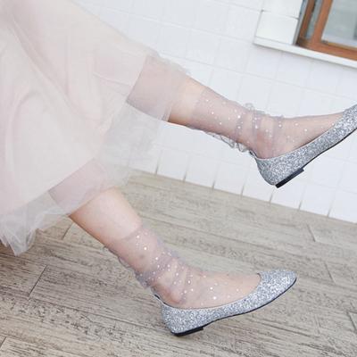 Women Lace Mid Calf Socks Star Moon Mesh Sheer Thin Summer Spring See Through Socks