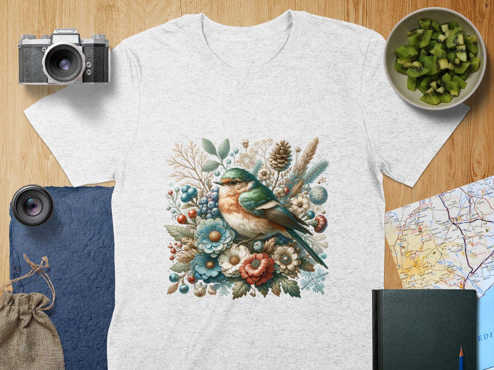 Wintery Bird Winter Floral Bird T-Shirt, Cute Bird Lover Gift, Bird Watching Tee, Nature Inspired Shirt, Bird Enthusiast Clothing L