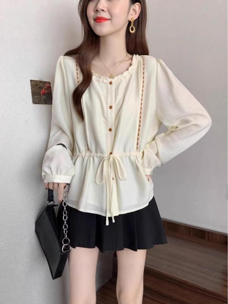 Autumn Collection Plus Size Ruffled Round Neck Long Sleeve French Tie-Up T-Shirt - Slimming Design 2026