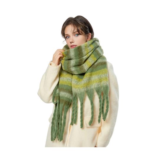 Winter Scarf Cashmere Feel Plush Scarf with Tassel Decoration Thickened Warm Plaid Pattern Winter Long Scarf