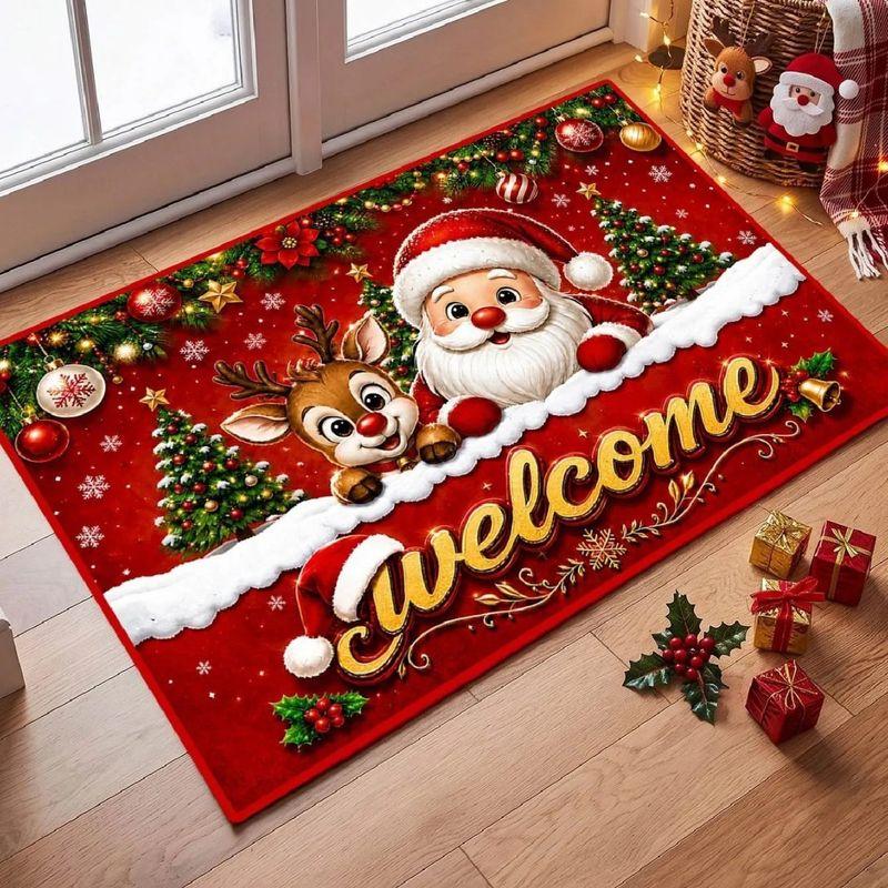 Christmas Santa Claus Reindeer Welcome Mat Red Gold Xmas Tree Holly Snowflake Floor Rug for Entryway Holiday Home Decor