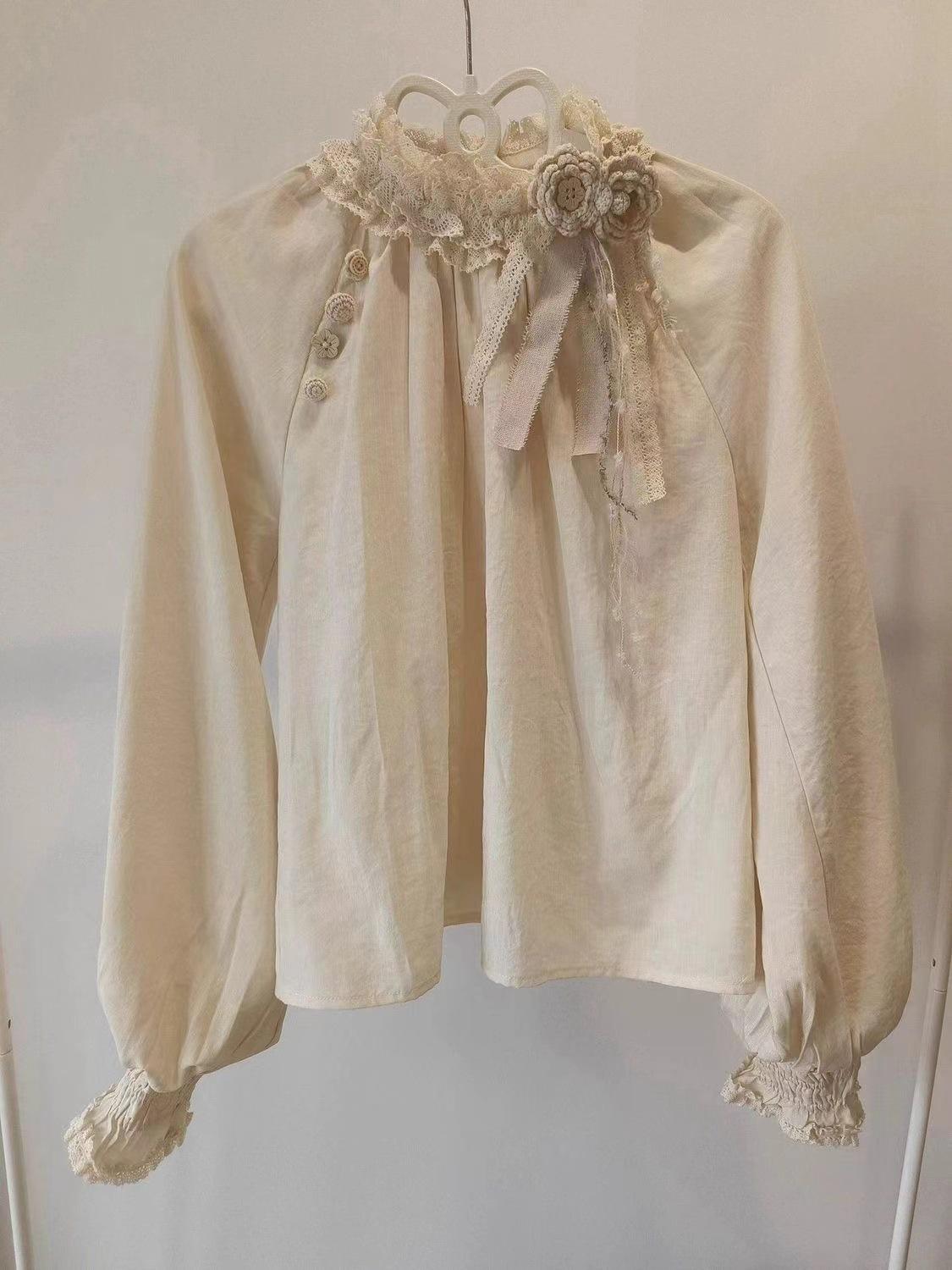 Women s French High-End Lace Patchwork Floral Stand Collar Long Sleeve Shirt, Spring 2026 Large абрикосовый