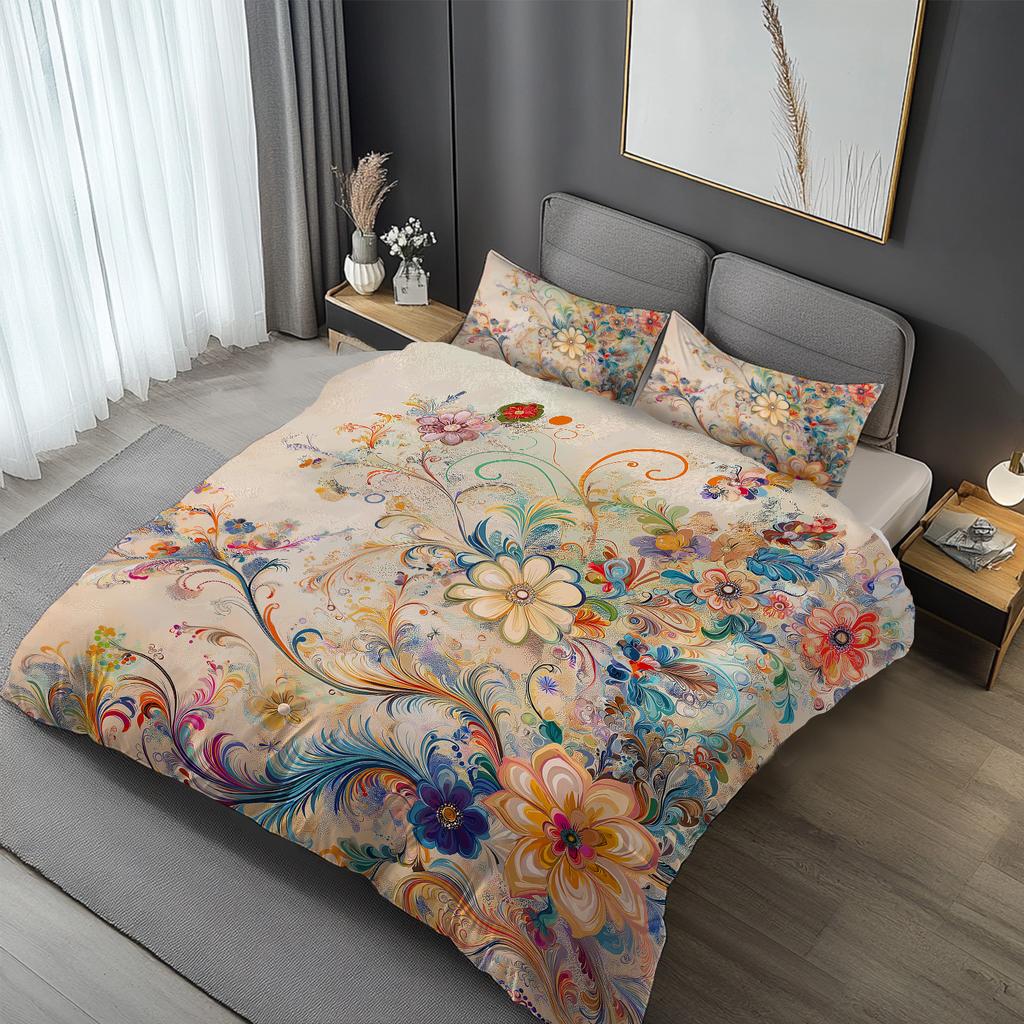 2/3-teiliges Künstlerisches Buntes Blumen-Bettbezug-Set, Weiche Atmungsaktive Knitterarme Bettwäsche mit Kissenbezügen, Maschinenwaschbar