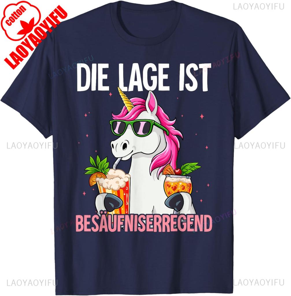 Lustiges T-Shirt Die Lage Ist Besäufniserregend Baumwolle Lässig Neuankömmling Atmungsaktiv für Herren Damen Party Pferdemuster Gedrucktes T-Shirt