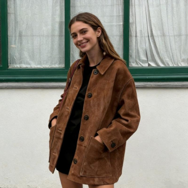 Women Vintage Lapel Single Button Suede Casual Jacket Outerwear