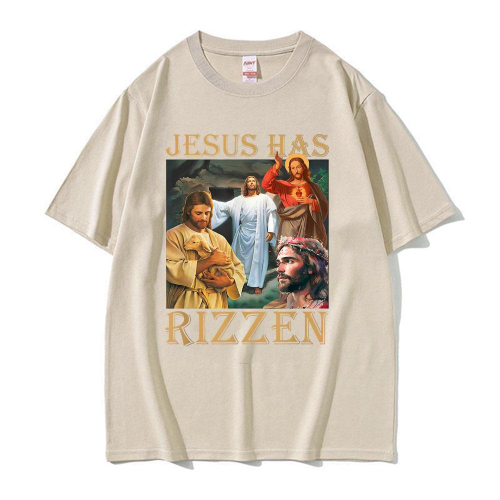 Jesus Has Rizzen Jesus Funny T Shirts Mens Clothing Summer Short Sleeve Pop Vintage Trend Cool Tshirt Cotton Oversized T Shirt