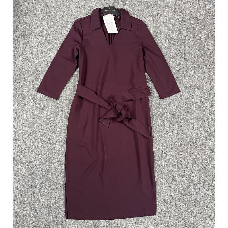 

Exported to Europe Original Order Ponte-De-Roma Simple Solid Temperament Women Spring 3/4 Sleeve V-neck Belt Pocket Dress Dark red (without Belt) L