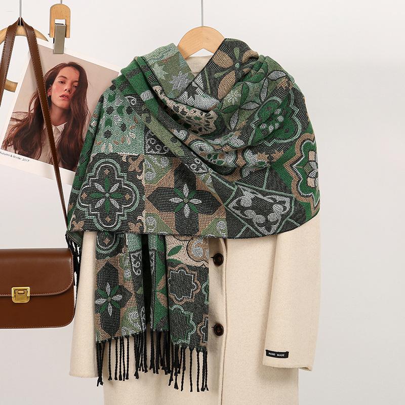 Geometric Flower Jacquard Long Towel Warm Polyester Scarf Ethnic Style Long Fringed Shawl