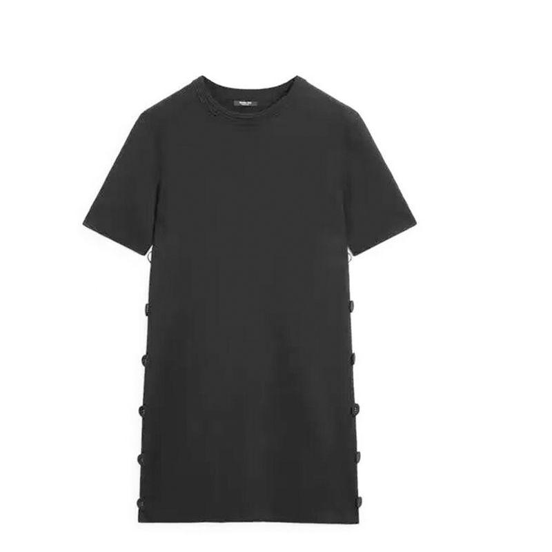 

MD Women clothes Early Autumn Gold Feeling Side Button round Neck Short sleeve Knitted Jumpsuit Short dress Black Dress 05790800800 Black L