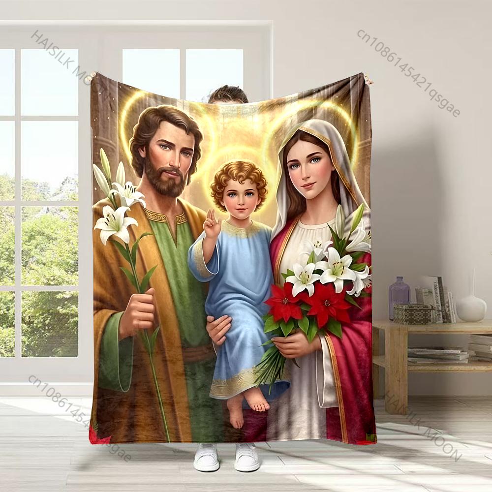 1PC Holy family with flowers Faith-printed Flannel Blanket Soft and Warm Suitable for Home Travel Picnics Camping and RV Use