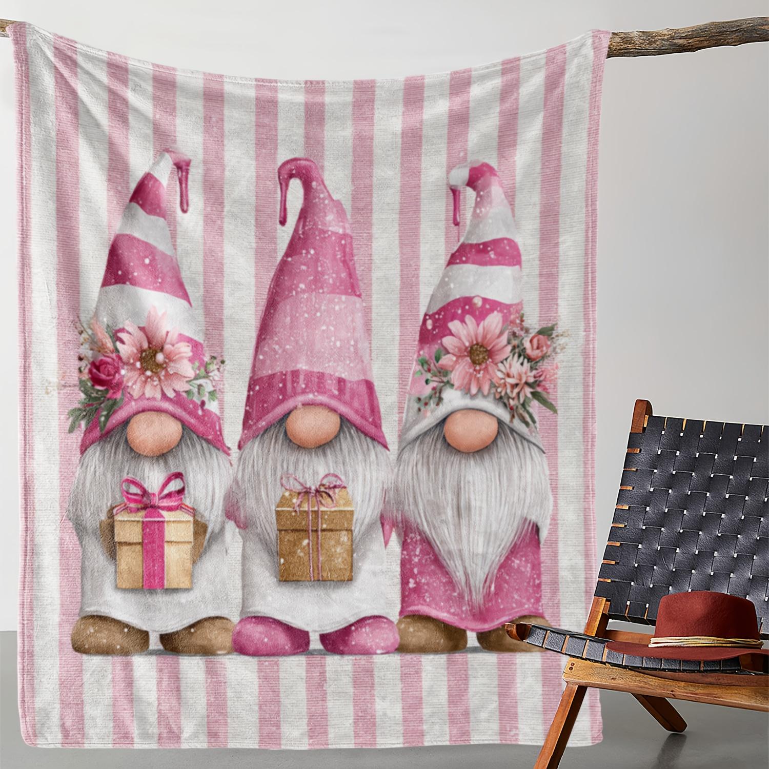 

1pc Flannel Blanket, Pink Striped Hat with Flower Gift Gnome Ornament 2D Printed Blanket, Warm and Comfortable Soft Blanket, Sui 70x100cm