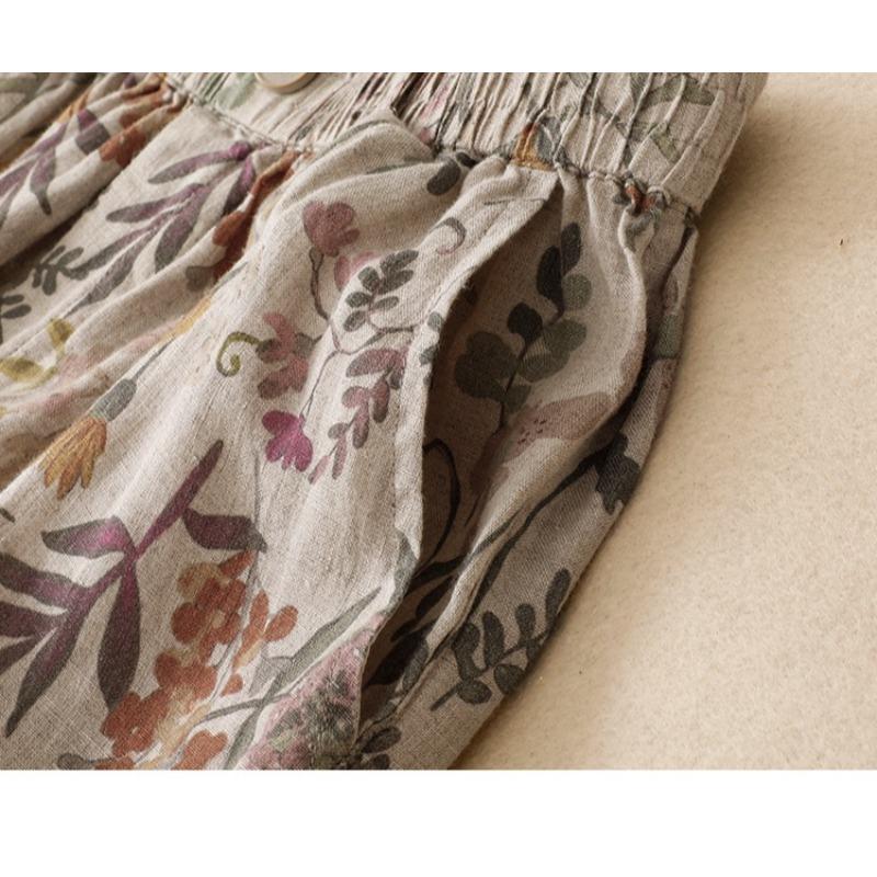 DIMANAF 2026 Summer New Plus Size Women Long Pants Cotton Linen Vintage Loose Elastic Waist Casual Lady Bottoms Print Floral