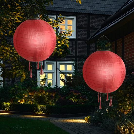 Hanging Solar Lantern Outdoor Round Chinese Style Lantern with 4 Tassels Solar LED Light for Garden Patio Wedding Party Decoration