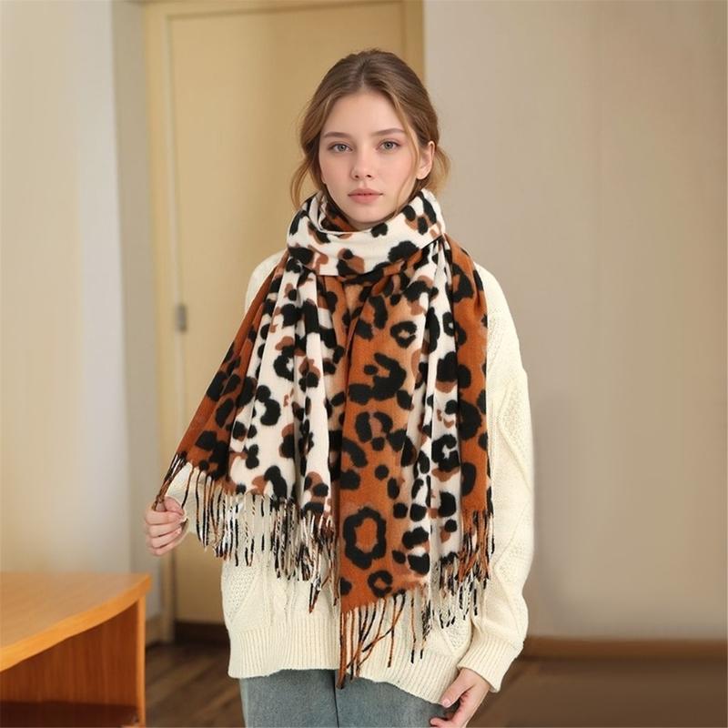 Leopard Print Fringe Cashmere Scarf Shawl For Women Soft Warm Winter Fashion Accessory Lightweight Warm Wrap