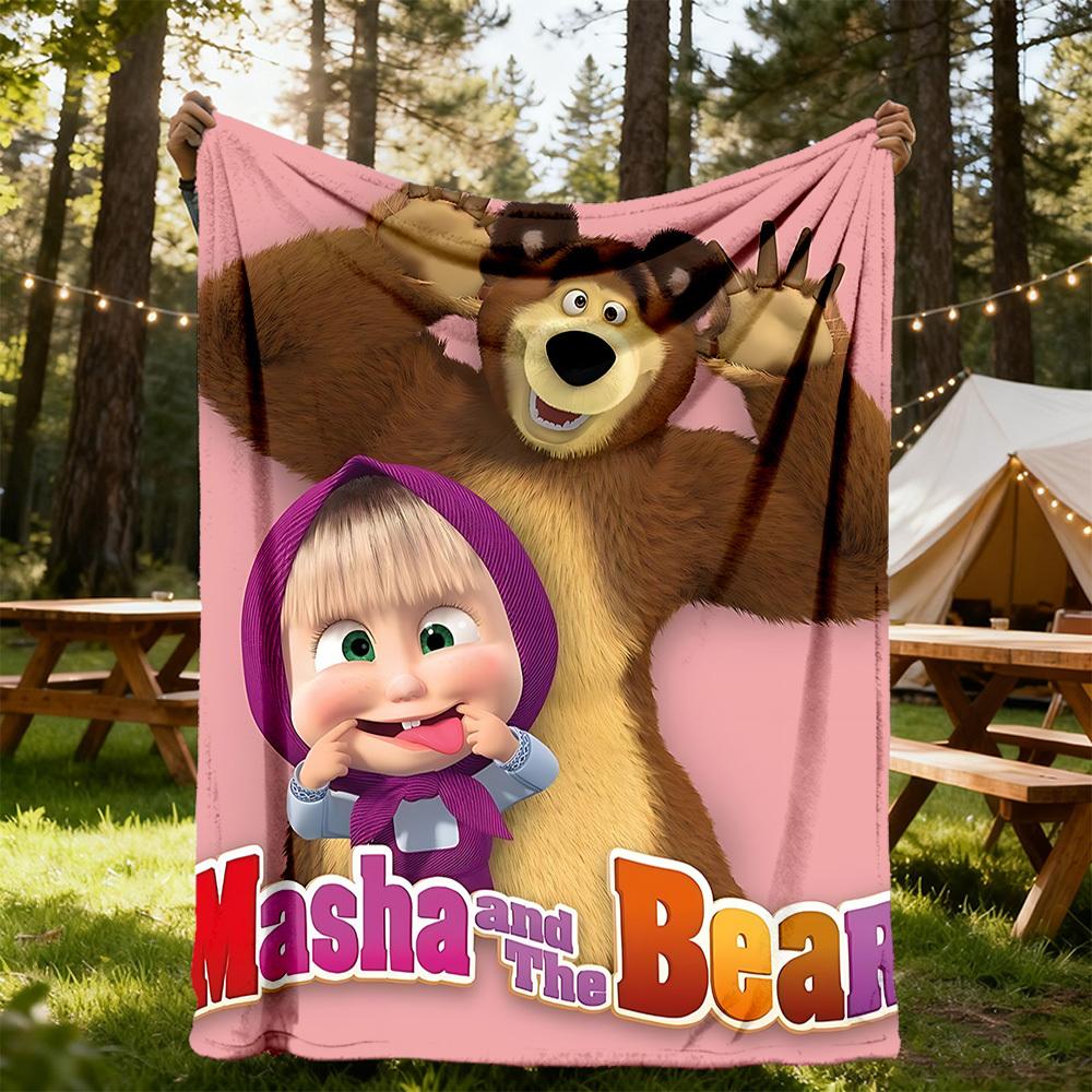 1pc Masha Bear Outdoor Blanket Lightweight Flannel, Soft & Warm, All-Season Use for Sofa, Outdoor, Camping, Living Room034