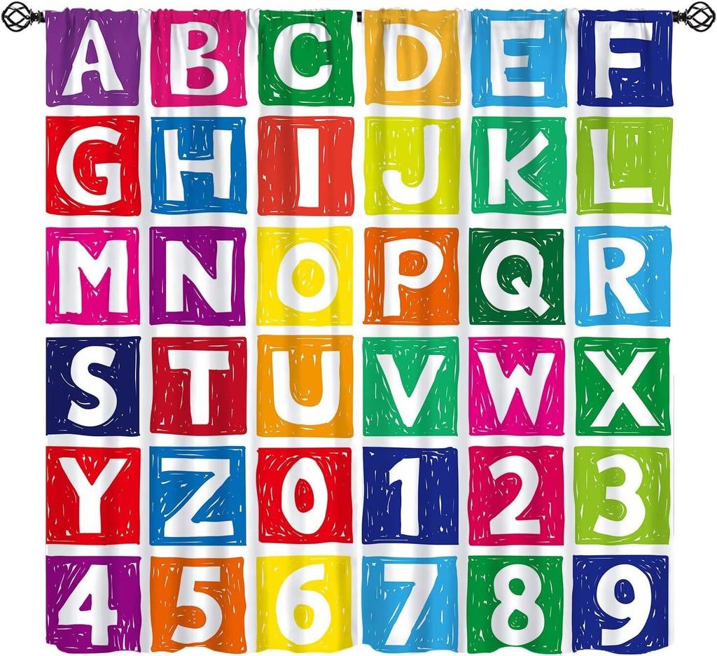 Funny Education Alphabet Abc Curtains,Cartoon Kids Learning Letters Watercolor Decor Rod Pocket Window Treatments For Boy Baby