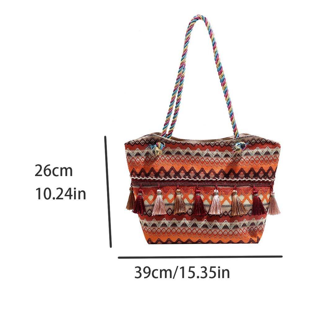 Tassel Ethnic Style Shoulder Bag Stripe Canvas Colorful Handbag Embroidery Tote Bag Outdoor
