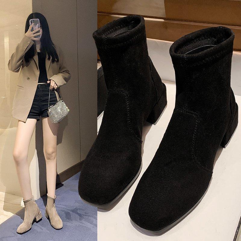 Jesień nowe damskie botki niski cholewka kwadratowy nosek Chelsea zamszowe średni obcas ocieplane botki zakrywające stopę aksamitne krótkie botki