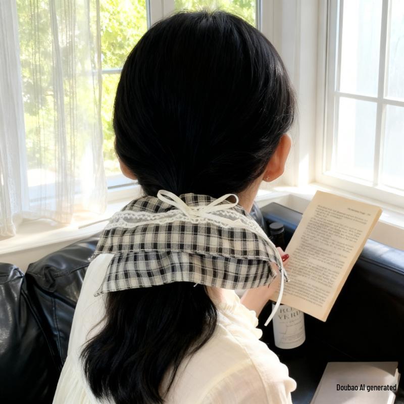 Lace Plaid Bow Scarf Hair Tie for Low Bun Ponytails