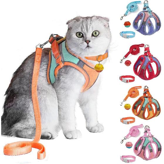 JSXD Cat Harness,Leash and Collar Set,Escape Proof Kitten Vest Harness for Walking,Easy Control Night Safe Pet Harness with Reflective Strap and Bell