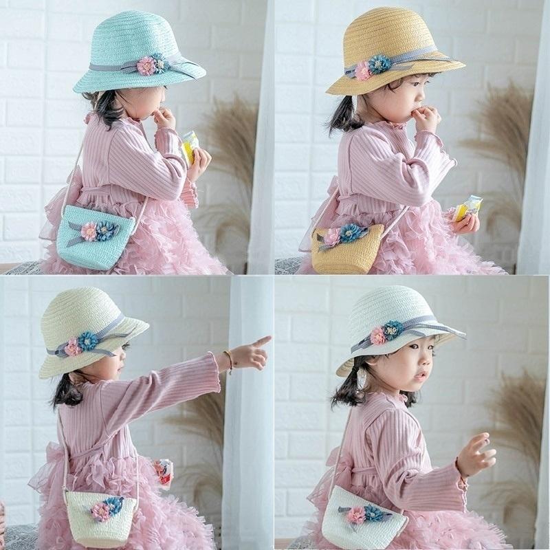 Cute Bowknot Flower Kids Straw Hat + Straw Crossbody Bag Set Baby Outdoor Sun Hat Summer Beach Straw Cap Straw Rattan Bag