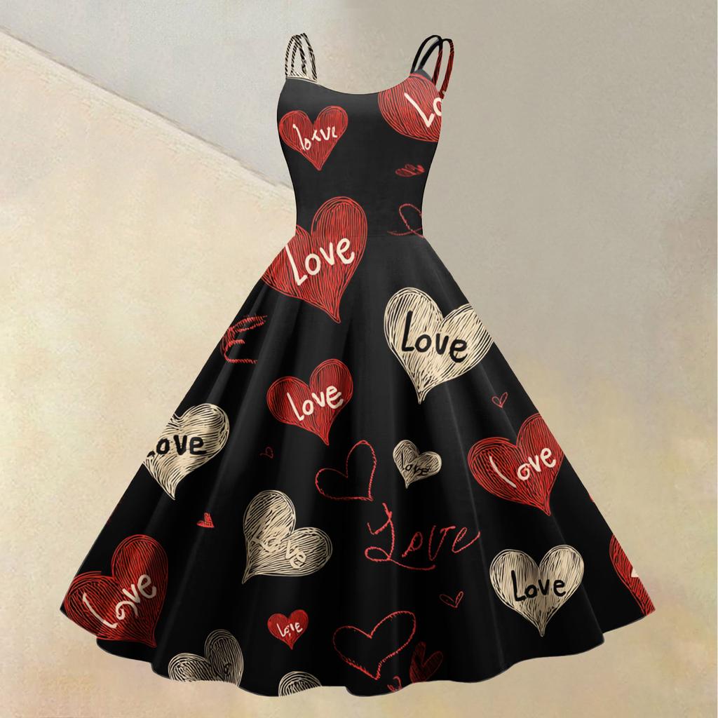 Women's Valentine's Day Love Heart Print Sexy Off Shoulder Vintage Dress