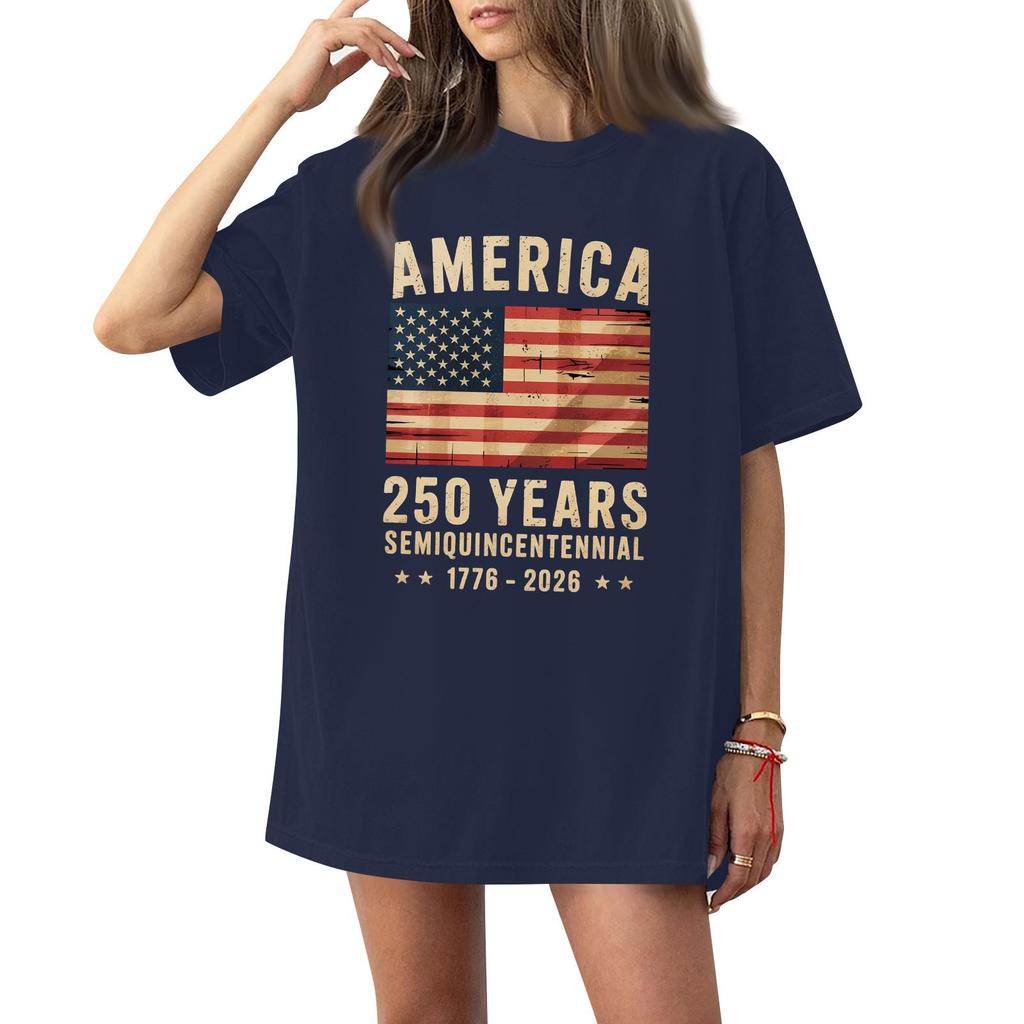 Women's Casual Fashion Round Neck Casual American Flag Print Short Sleeve T-Shirt Top