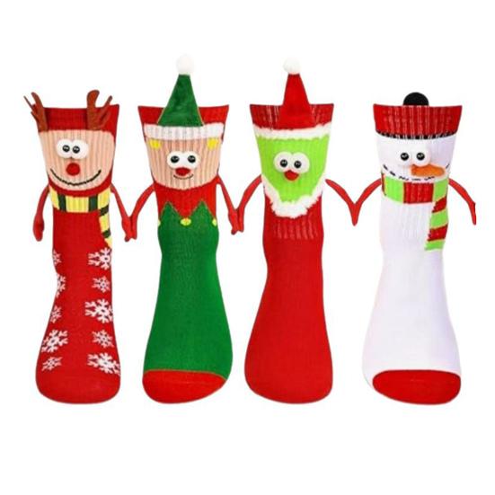Cartoon Christmas Socks Magnetic Holding Hands Socks Cute Snowman Reindeer New Year Socks Fun Gifts for Girls Teens Birthday Holidays
